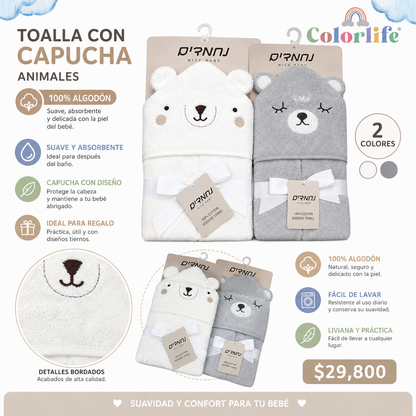 Toalla con Capucha para Bebé 100% Algodón | Osito