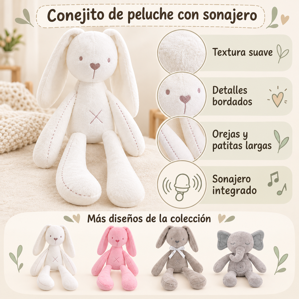 Peluche con sonajero – Conejitos y elefante