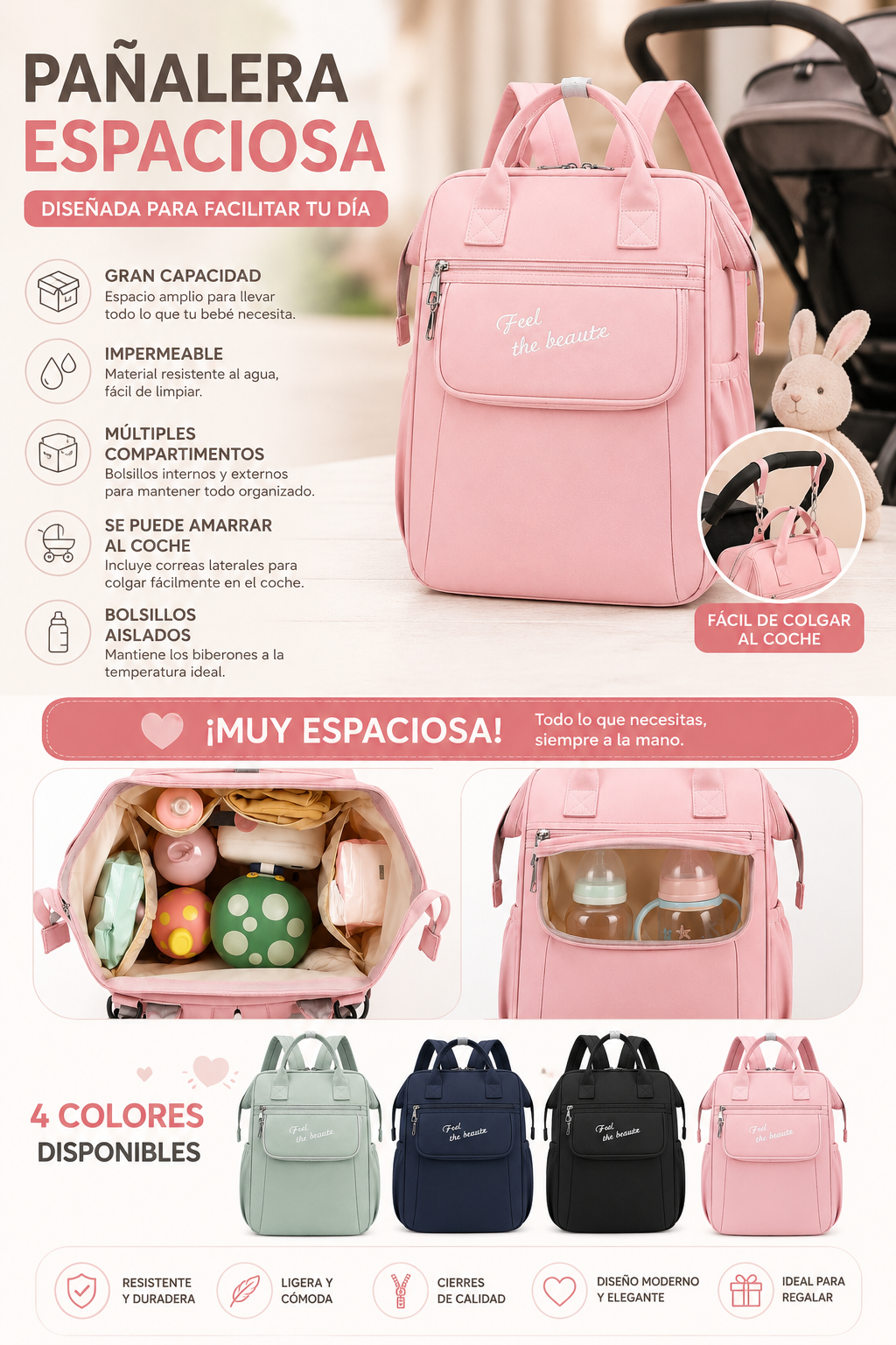 Pañalera Morral Impermeable para Bebé Multifuncional | Gran Capacidad | 4 Colores | Se Adapta al Coche