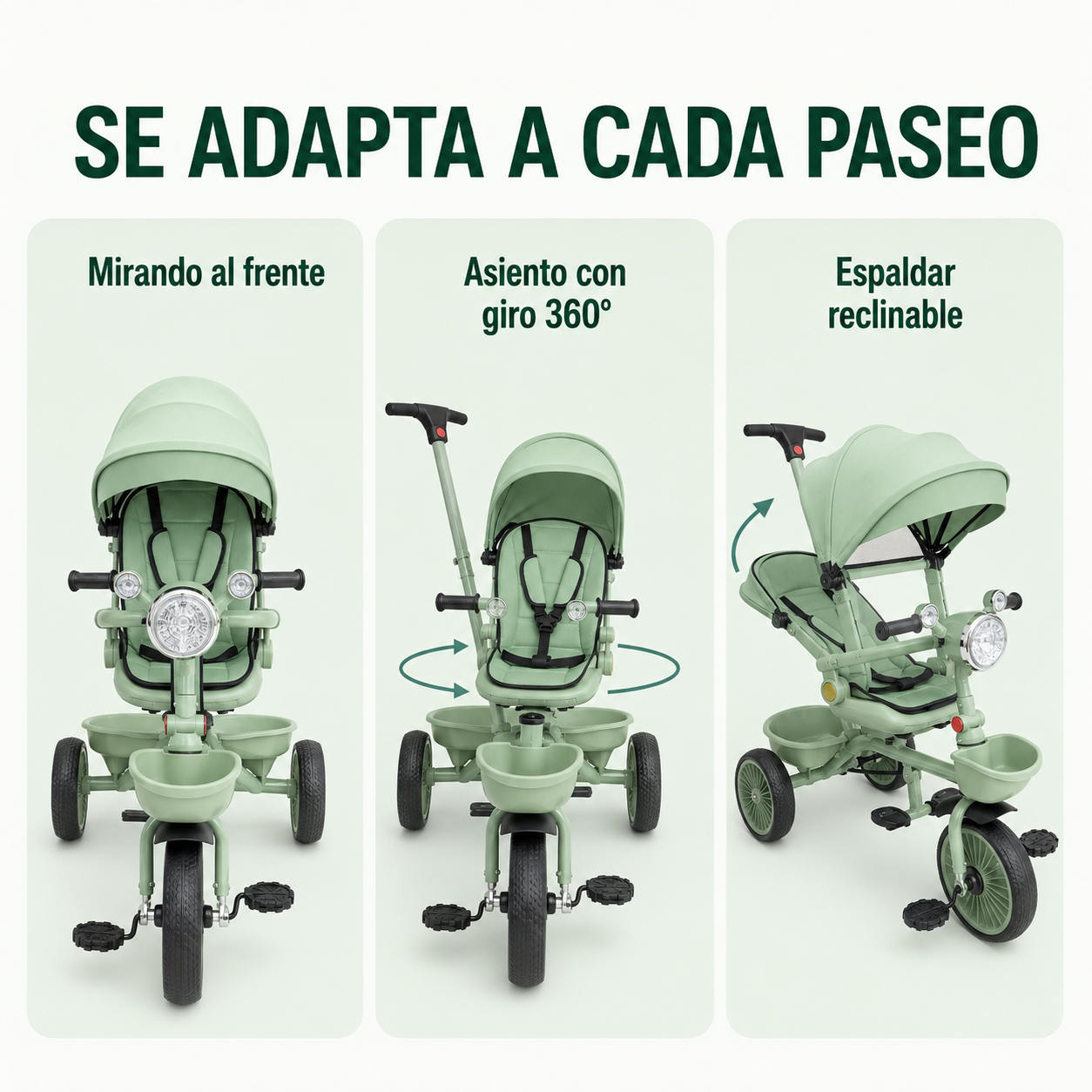 Triciclo Paseador 360° con Guía Dirigible Y Luz