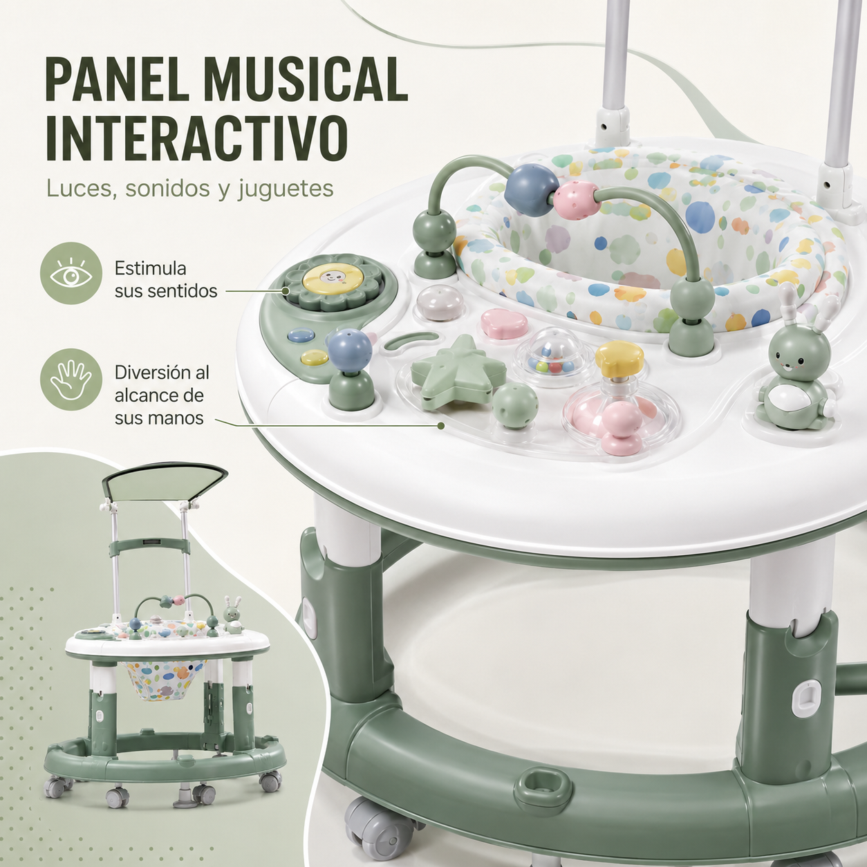 Caminador Multifuncional 3 en 1 con Capota, Panel Musical y Mesa de Juegos