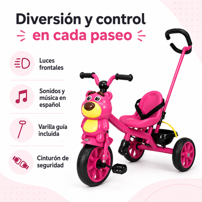 Triciclo Paseador Osito con Guía, Luces y Música