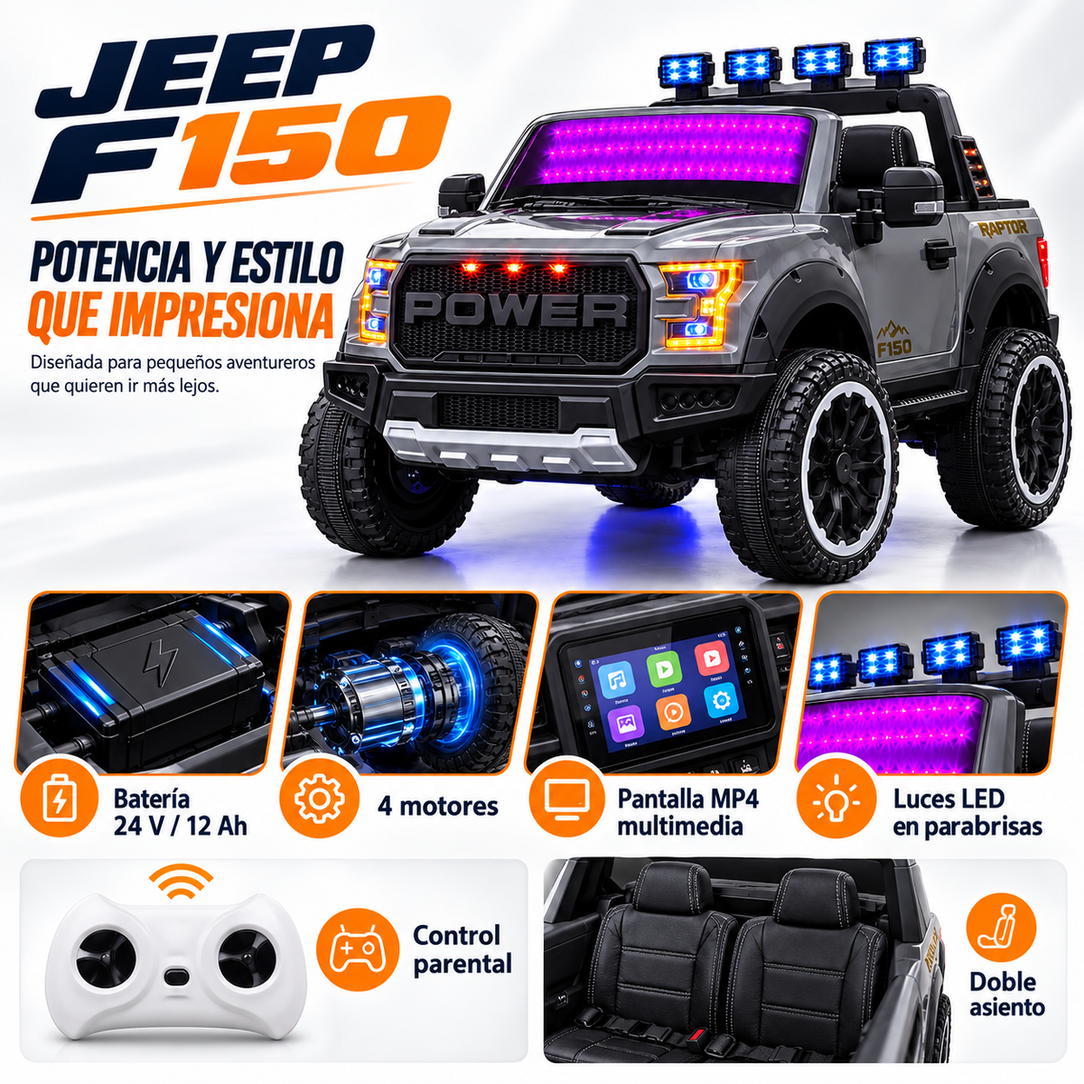 Camioneta Eléctrica Ford F150 Raptor 24V de 2 Puestos | 4 Motores, Control Remoto, Llantas En Goma Y Pantalla