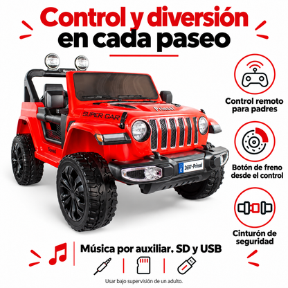 Carro Eléctrico Wrangler Marca Prinsel Rojo Con Control Remoto Con Llantas En Goma