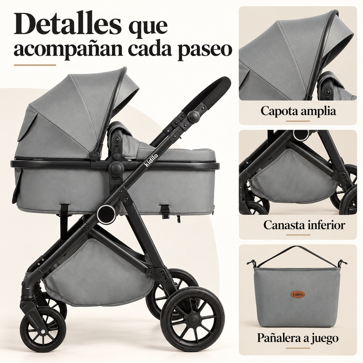 Coche Moisés Marca Kidilo K02 2 en 1 Con Pañalera