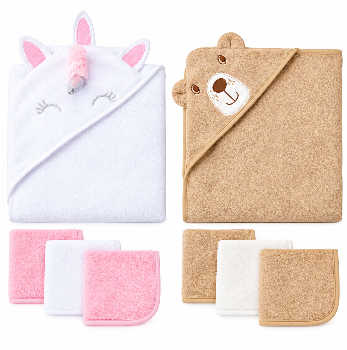 Set de Toalla para Bebé con Capucha 3D + 3 Babitas | Unicornio y Osito