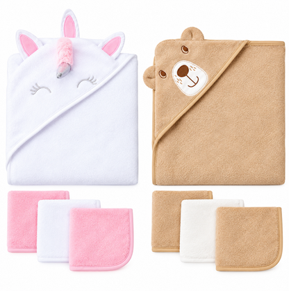 Set de Toalla para Bebé con Capucha 3D + 3 Babitas | Unicornio y Osito