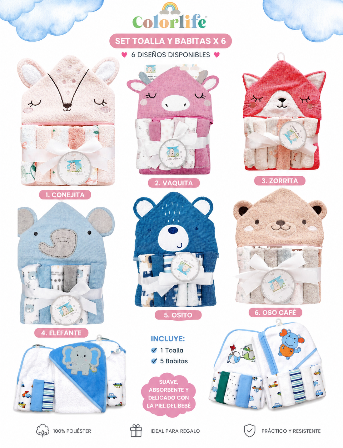 Set Toalla con Capucha y 5 Babitas para Bebé | 6 Diseños