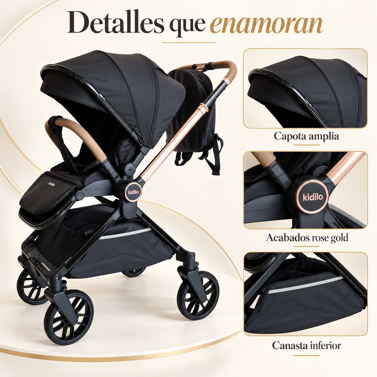 Coche Capri Con Mango Reversible  Kidilo y Pañalera Premium Marca Kidilo