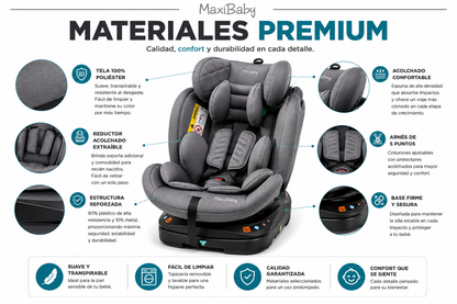 Silla de Carro Giratoria 360° Con Isofix MaxiBaby WIN | Desde Recién Nacido hasta 8 Años (25 kg)