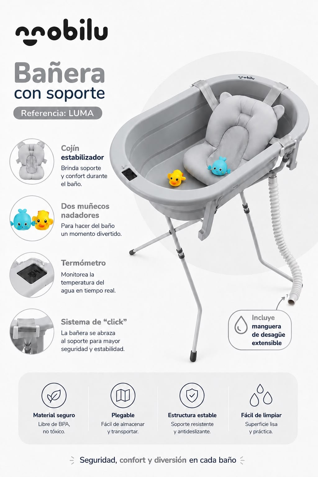 Bañera Plegable con Soporte y Manguera Desague| Termómetro Digital y Cojín para Bebé