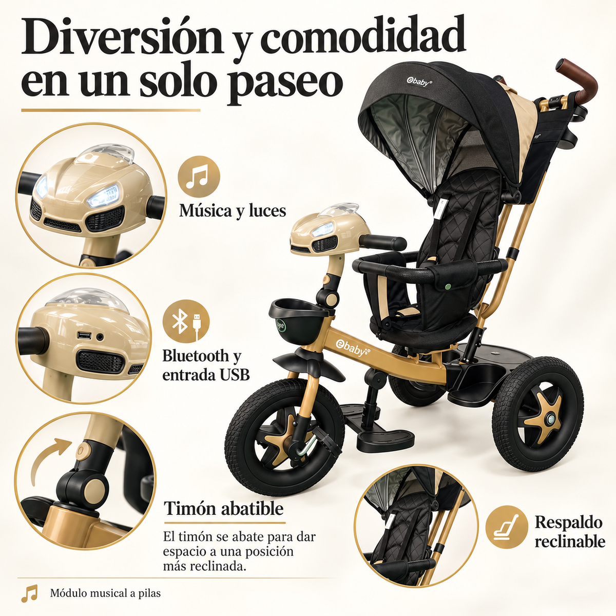 Triciclo Paseador Ebaby 360° Con Manubrio Reclinable con Bluetooth y Luces EB365R