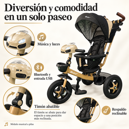Triciclo Paseador Ebaby 360° Con Manubrio Reclinable con Bluetooth y Luces EB365R