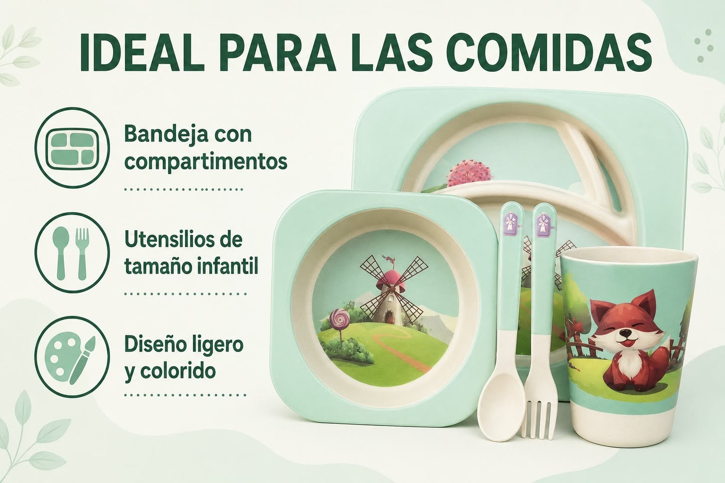 Vajilla Infantil de Fibra de Bambú 6 Piezas con Bandeja Dividida, Plato, Tazón, Vaso y Cubiertos – Set de Alimentación con Diseños Infantiles