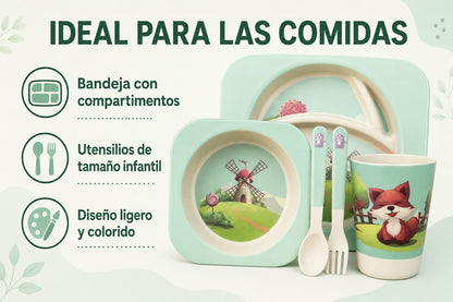 Vajilla Infantil de Fibra de Bambú 6 Piezas con Bandeja Dividida, Plato, Tazón, Vaso y Cubiertos – Set de Alimentación con Diseños Infantiles