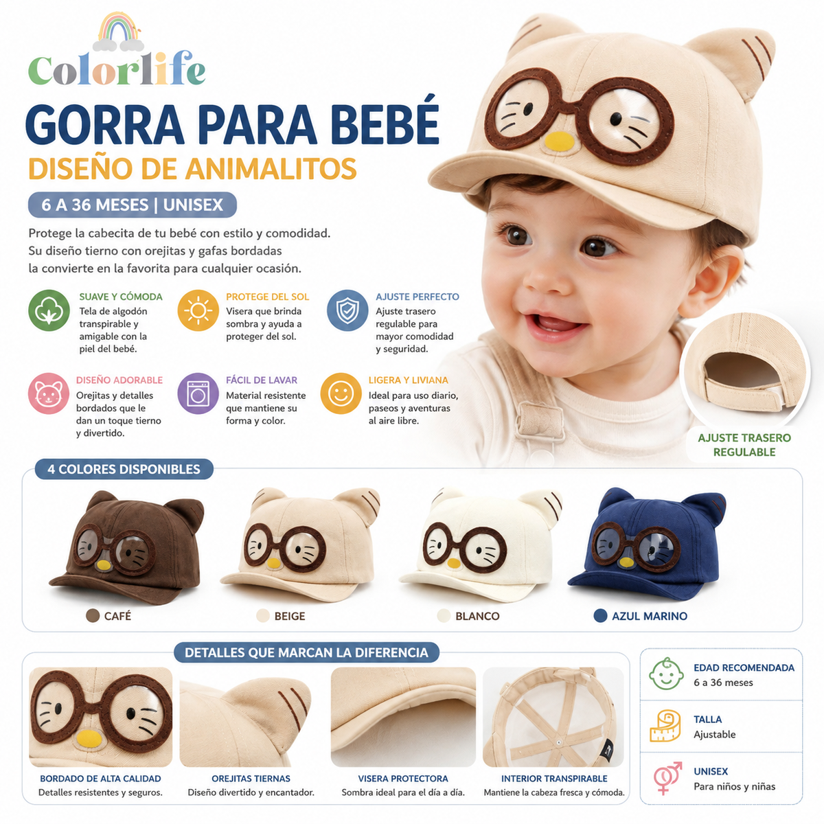 Gorra para Bebé con Orejitas – Diseño Animalito Ajustable