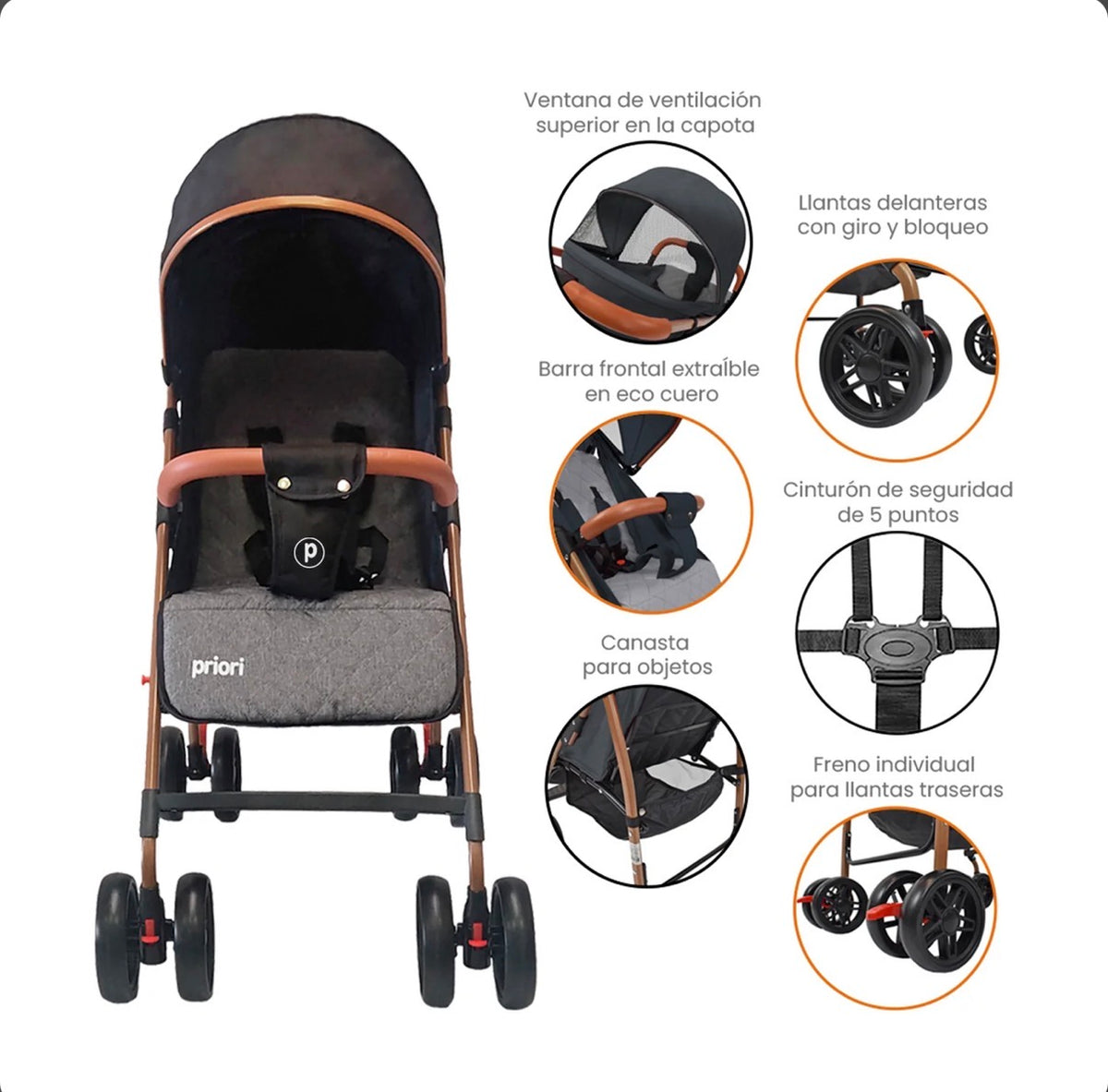 Coche paseador Priori Park Liviano y Reclinable Para Bebé.