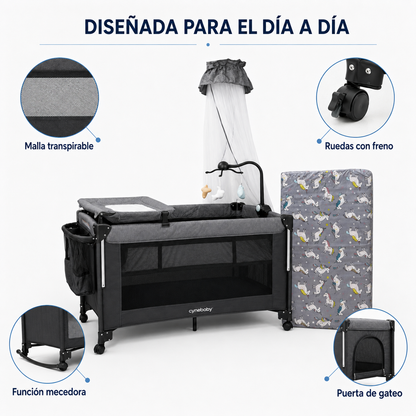 Combo Cuna Colecho Zafiro Multifuncional + Colchón de Espuma 10 cm