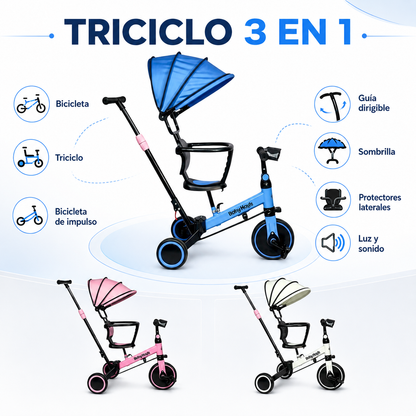 Bici Triciclo 3 En 1 Bicicleta Equilibrio Iniciacion Con Pedales, Luces, Con Guía  y Capota