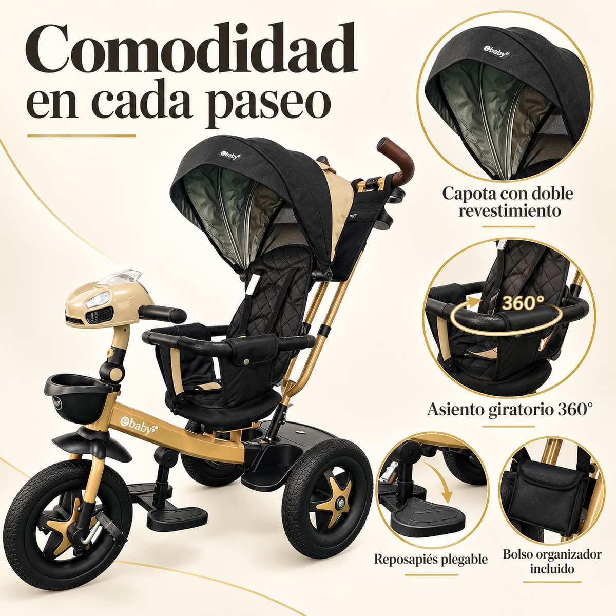 Triciclo Paseador Ebaby 360° Con Manubrio Reclinable con Bluetooth y Luces EB365R