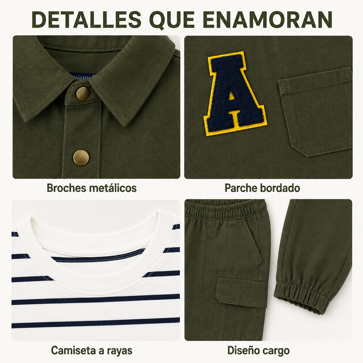 Conjunto Infantil para Niño de 3 Piezas Verde Militar – Sobrecamisa, Camiseta a Rayas y Pantalón Cargo Jogger