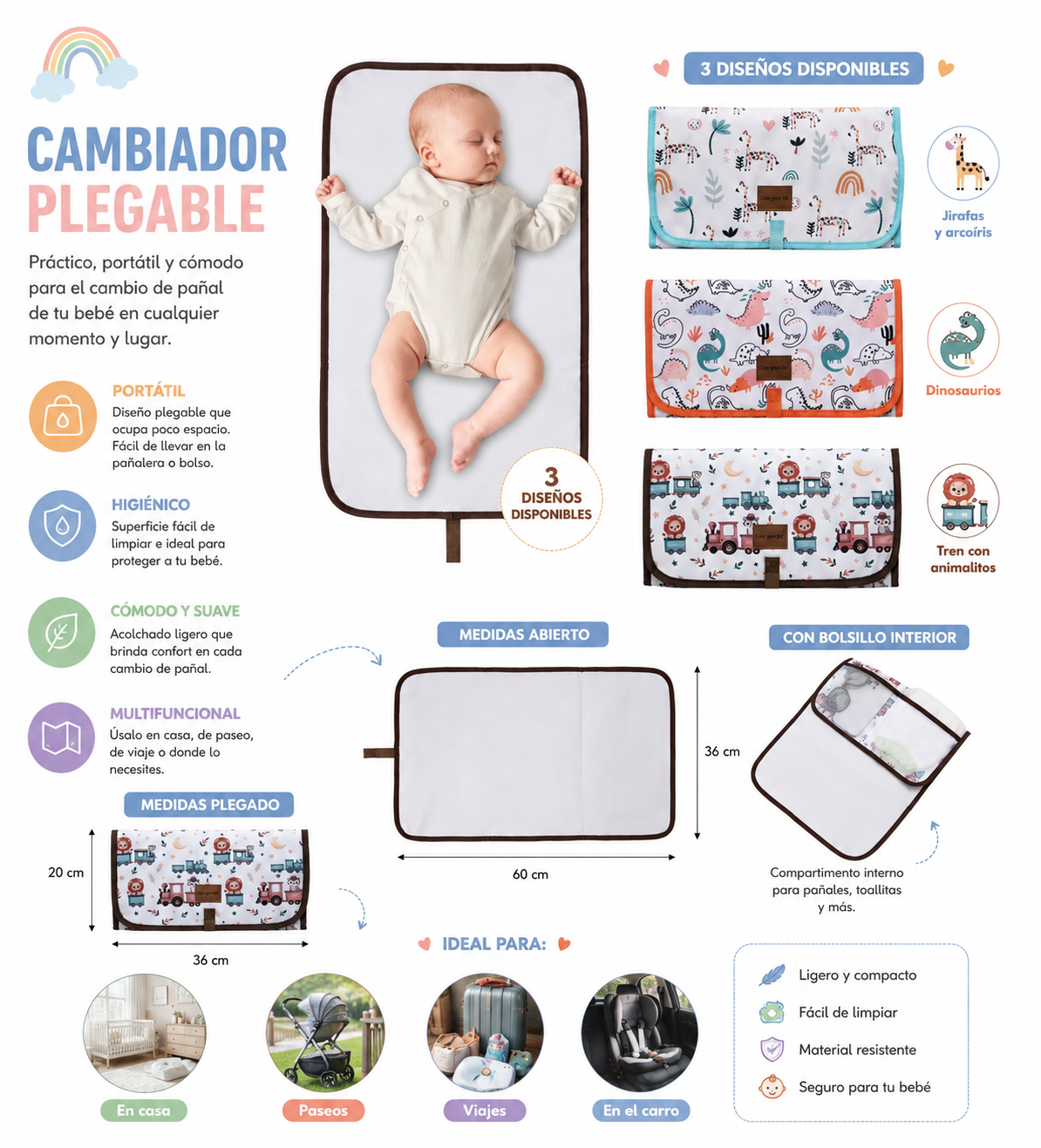 Cambiador Plegable Portátil para Bebé 60 × 36 cm – 3 Diseños