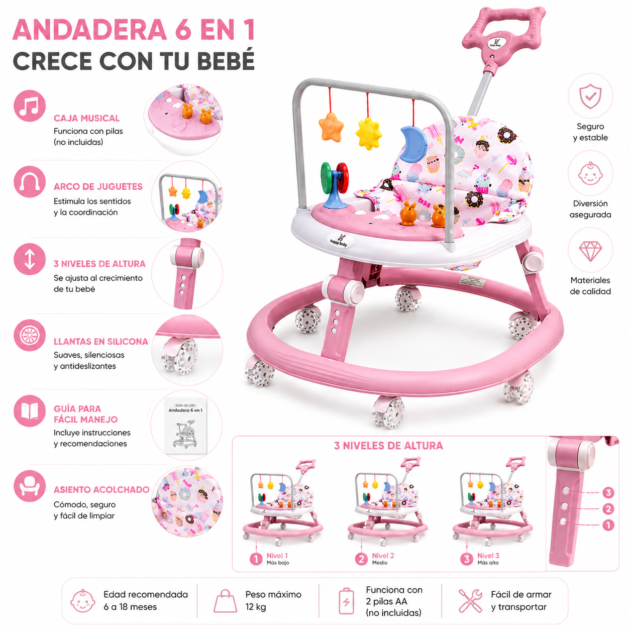 Caminador Pin Pon Musical Con Guía 3.0 Llantas En Silicona, Guia y Caja Musical 5515