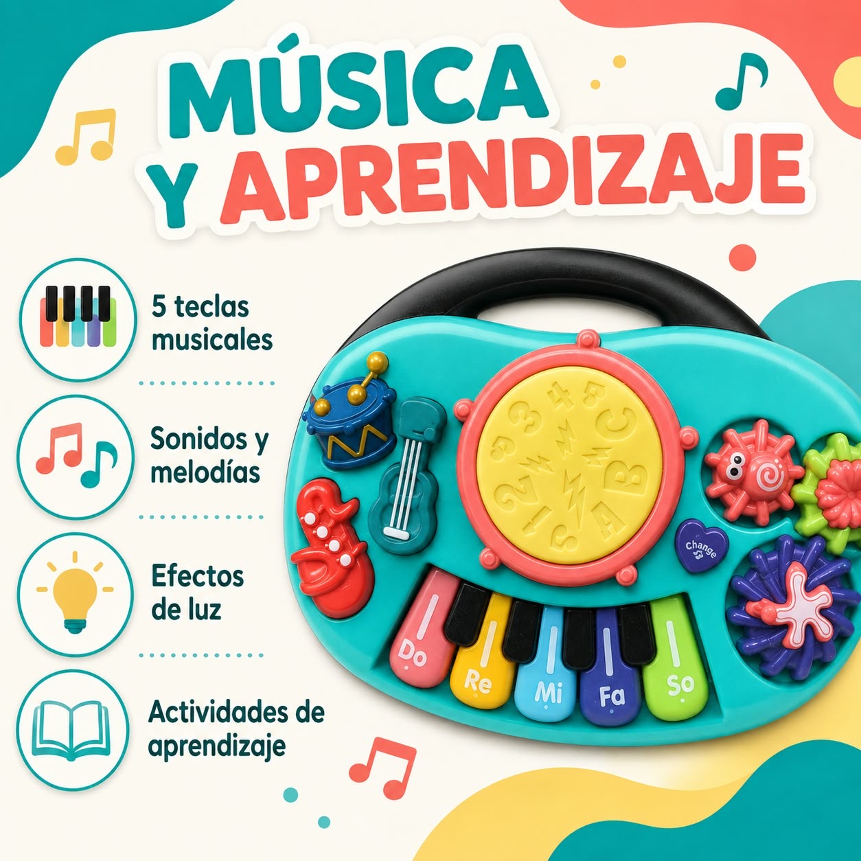 Teclado Musical Infantil CY-7073B con 5 Teclas, Sonidos, Melodías y Luces – Juguete de Actividades para Niños de 3 Años en Adelante
