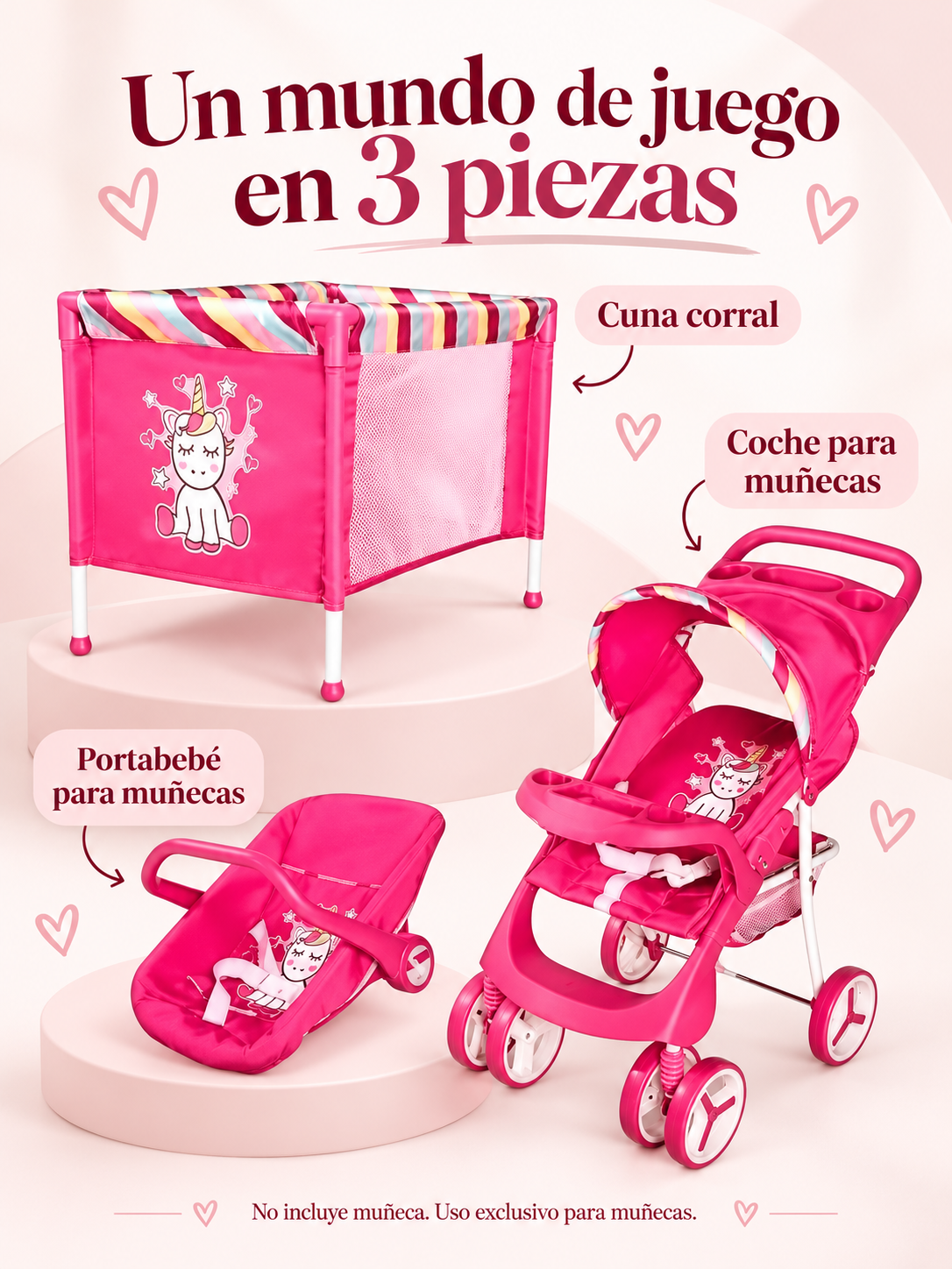 Kit para Muñecas Marca Bebesit: Coche, Cuna y Portabebé