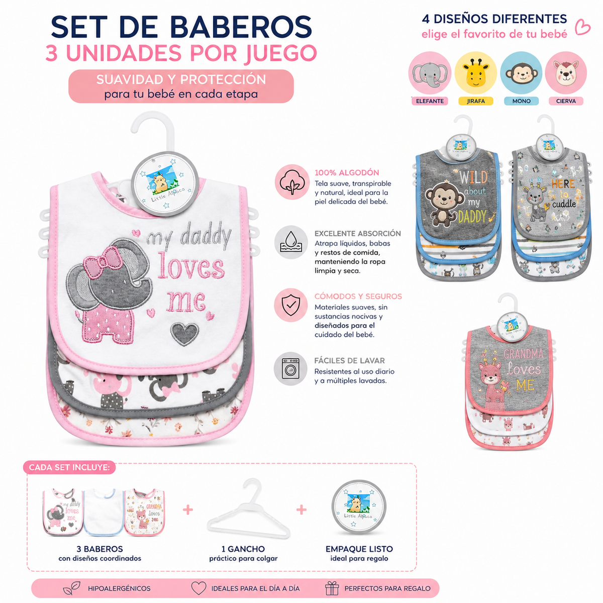 Set de 3 Baberos para Bebé Little Alpaca 100% Algodón | Diseños Bordados