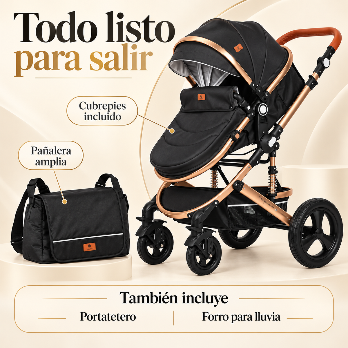 Coche Moises Ultra Premium en Tela Tipo Cuero con Pañalera