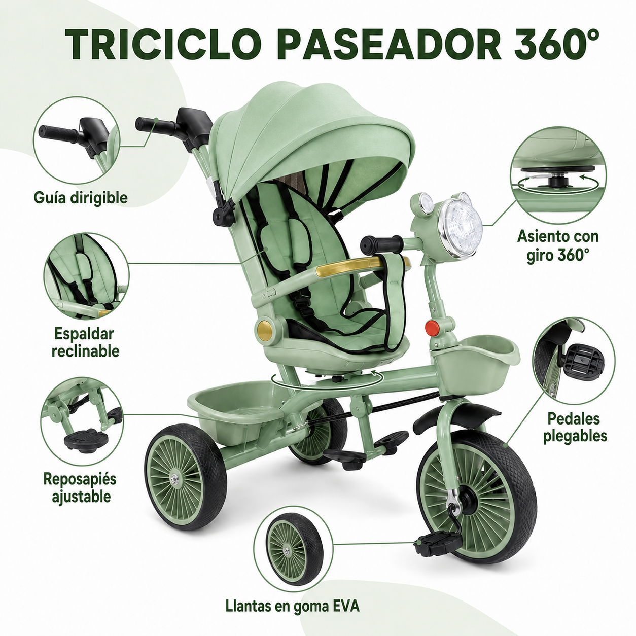 Triciclo Paseador 360° con Guía Dirigible Y Luz