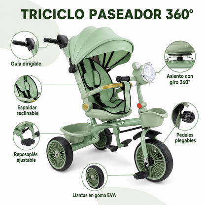 Triciclo Paseador 360° con Guía Dirigible Y Luz