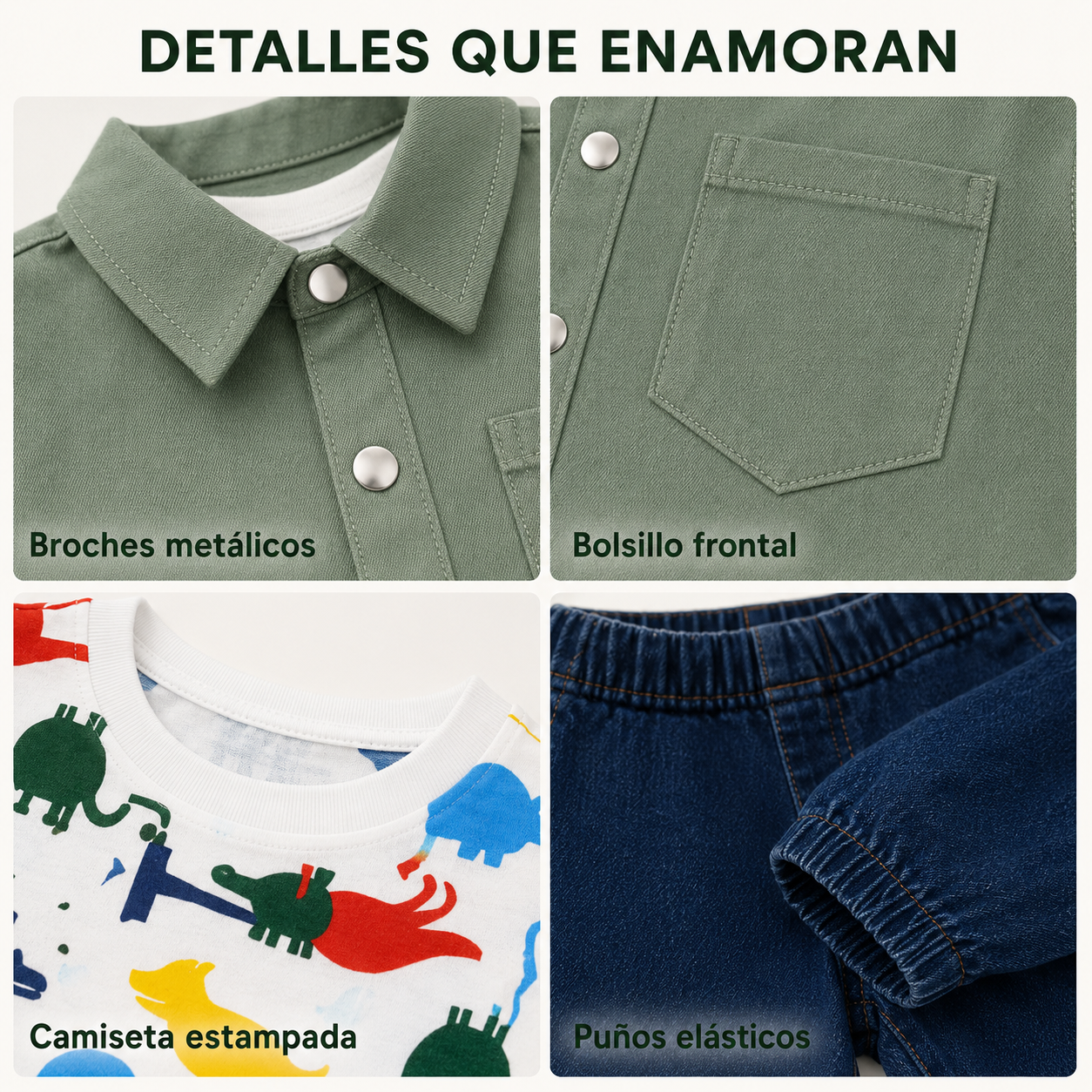 Conjunto Infantil para Niño de 3 Piezas – Sobrecamisa Verde, Camiseta Estampada y Pantalón Jogger