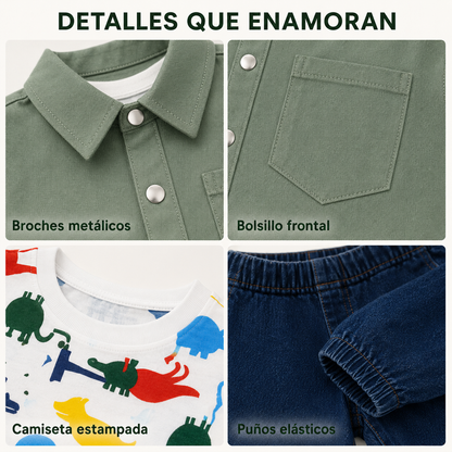 Conjunto Infantil para Niño de 3 Piezas – Sobrecamisa Verde, Camiseta Estampada y Pantalón Jogger