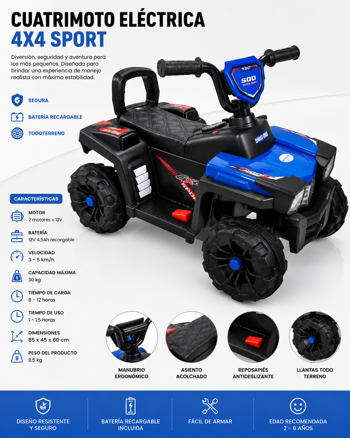 Cuatrimoto Eléctrica Infantil 4x4 Sport Azul