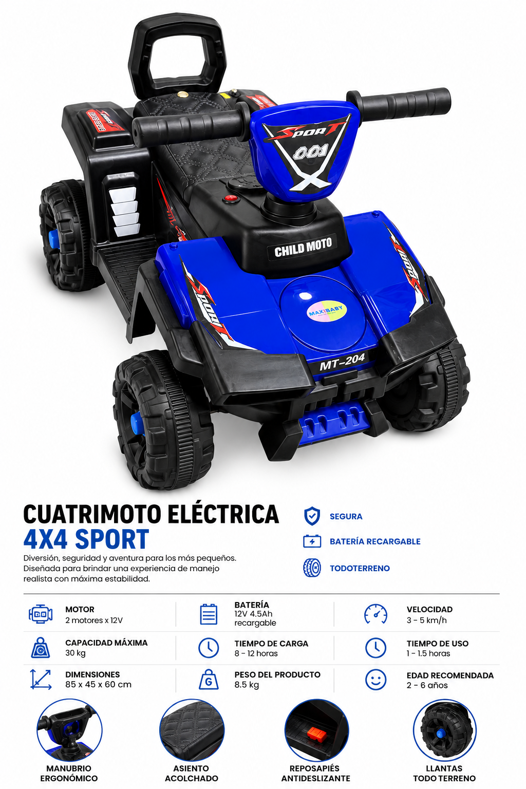 Cuatrimoto Eléctrica Infantil 4x4 Sport Azul
