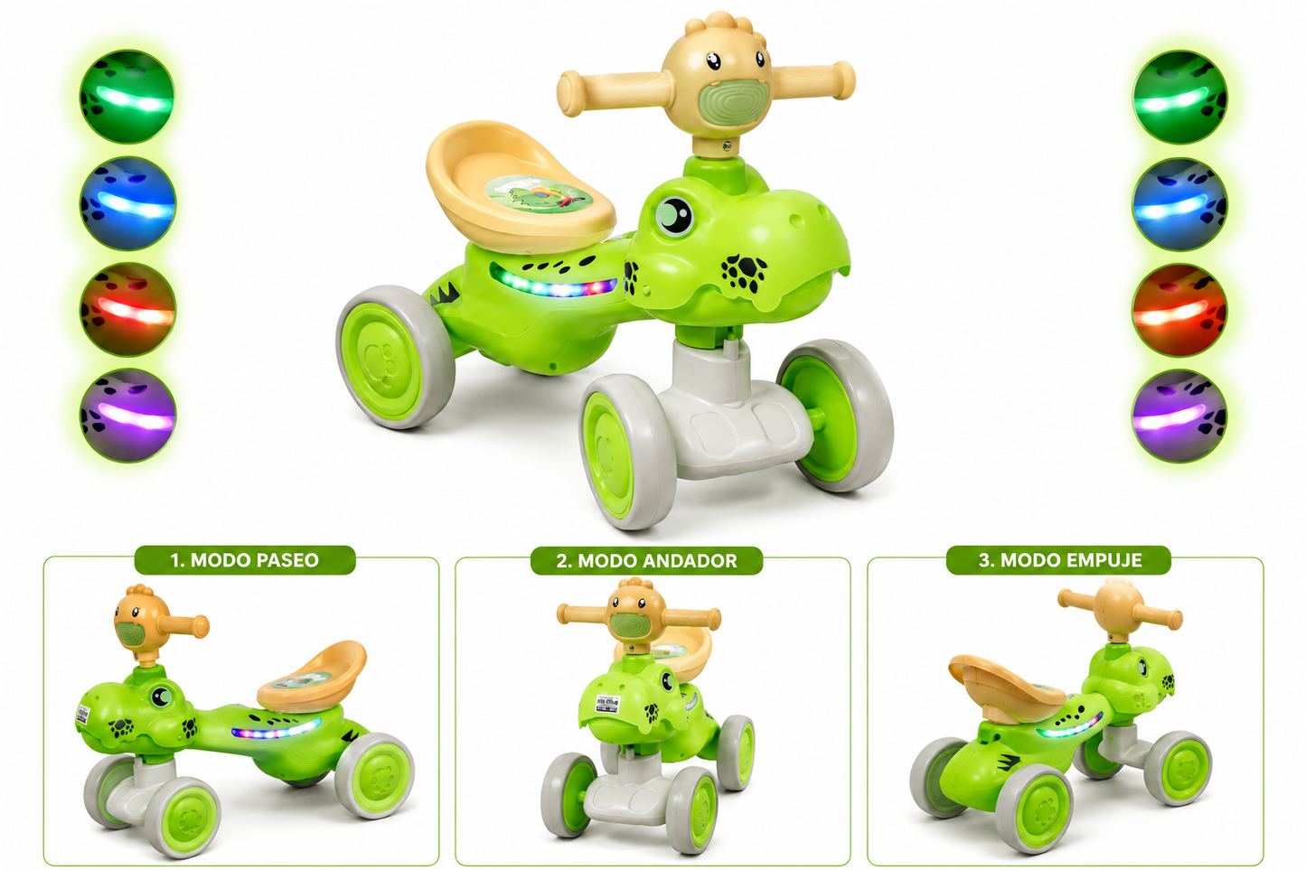 Triciclo 3 en 1 Infantil con Luces LED Laterales | Andador y Correpasillos