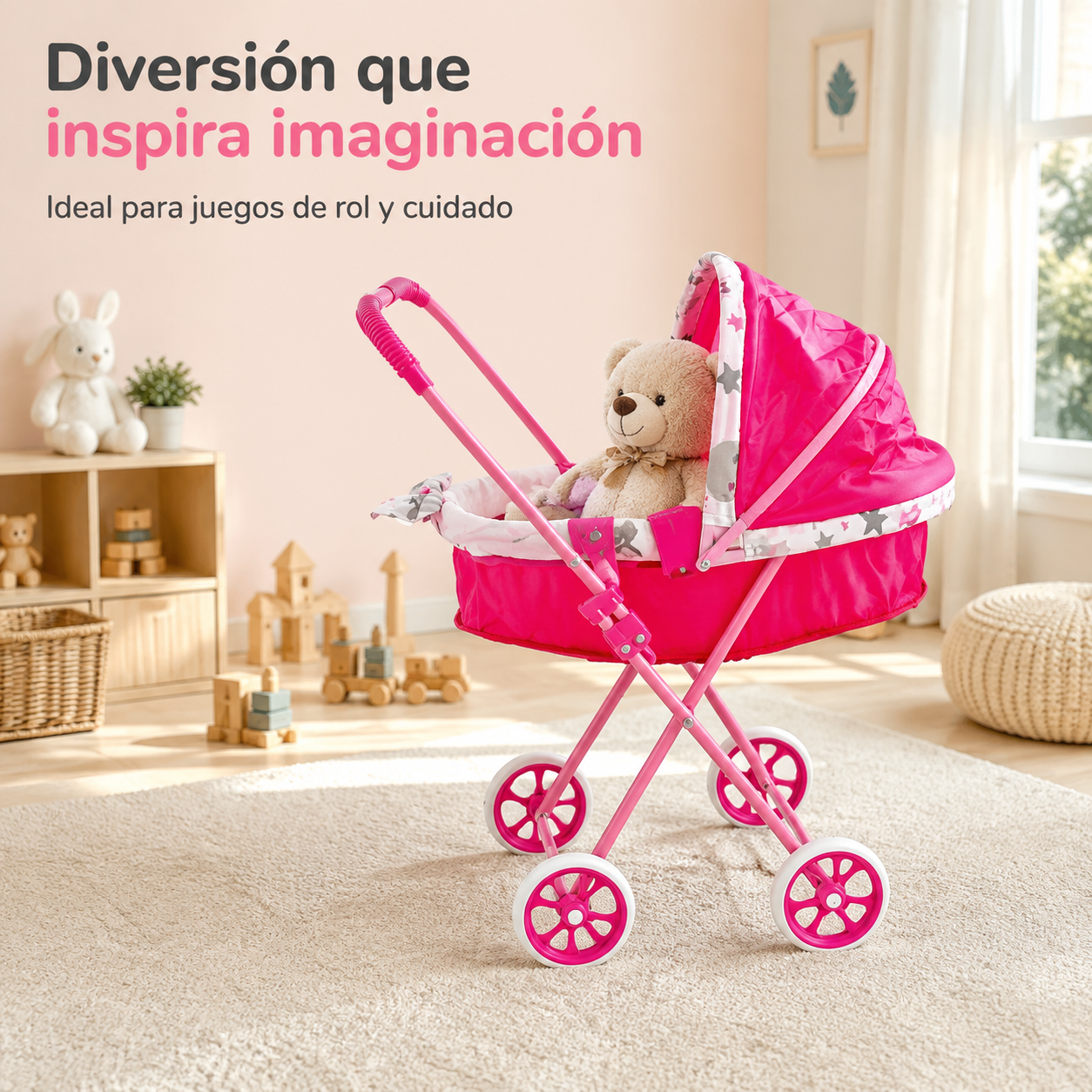 Coche Moisés para Muñecas Rosado con Capota Grande
