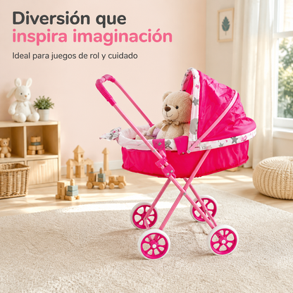 Coche Moisés para Muñecas Rosado con Capota Grande