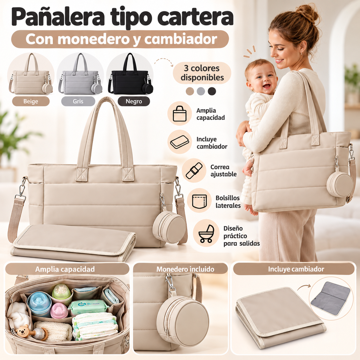👜 Pañalera Tipo Cartera con Monedero y Cambiador 💕