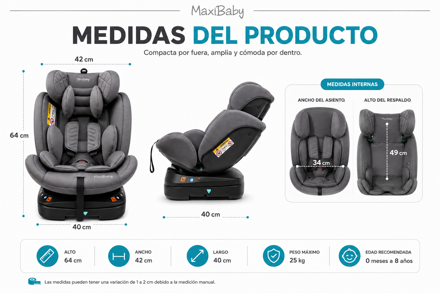 Silla de Carro Giratoria 360° Con Isofix MaxiBaby WIN | Desde Recién Nacido hasta 8 Años (25 kg)