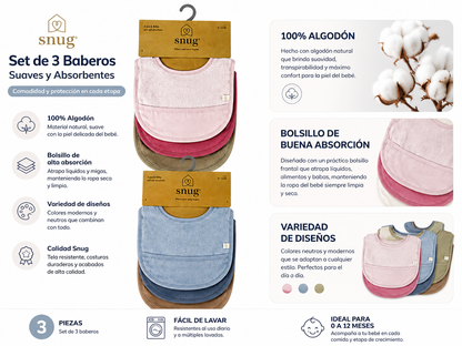 Set de 3 Baberos para Bebé Snug 100% Algodón | Suaves y Absorbentes