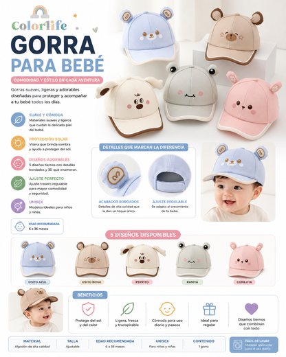 Gorra para Bebé con Orejitas – Diseños de Animalitos