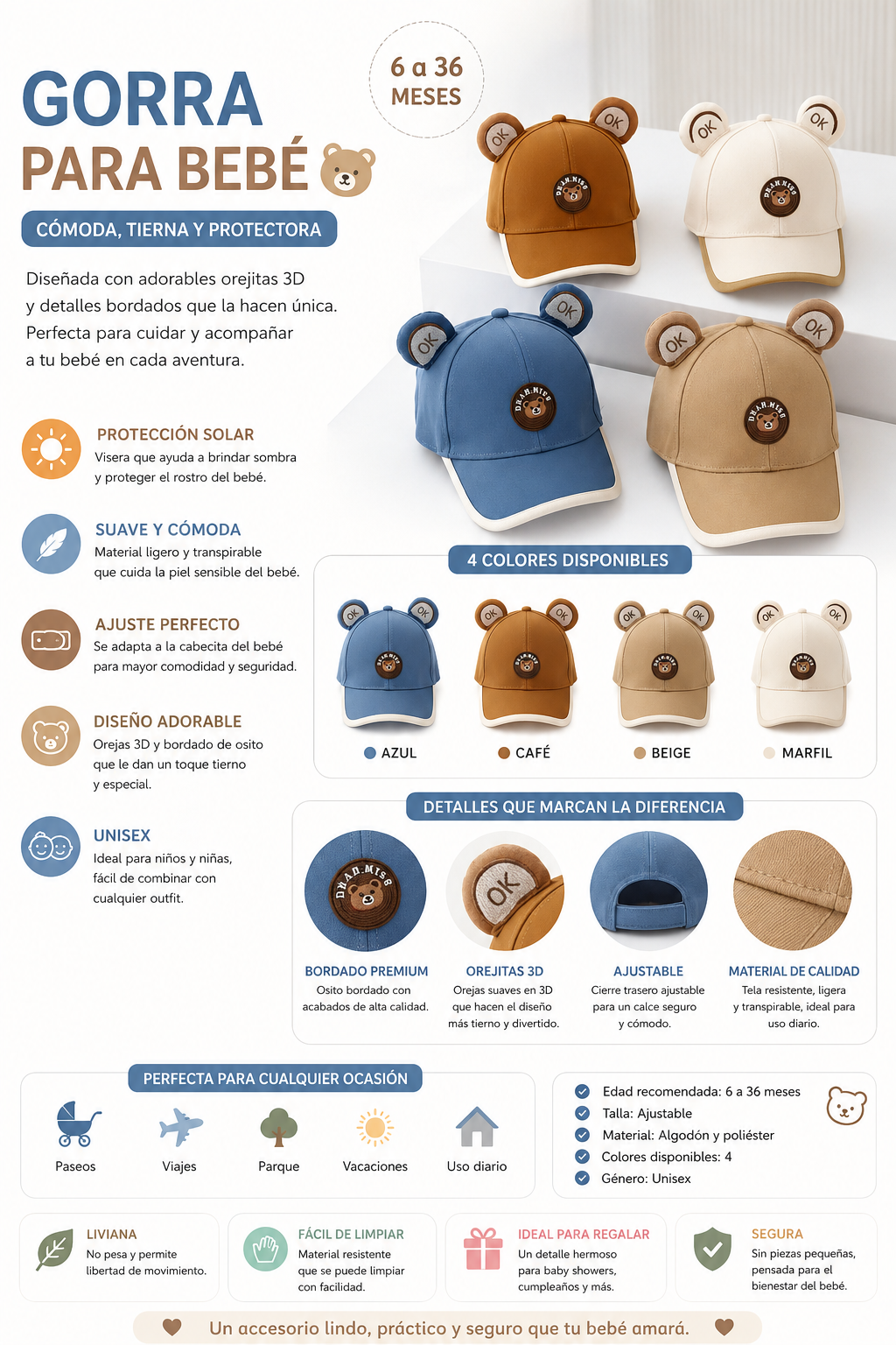 Gorra para Bebé con Orejitas de Osito | 6 a 36 Meses