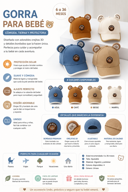 Gorra para Bebé con Orejitas de Osito | 6 a 36 Meses