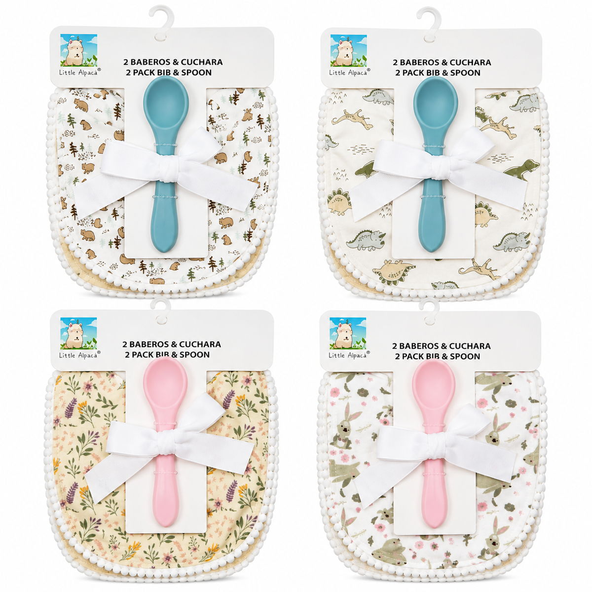 Set de 2 Baberos + Cuchara de Silicona para Bebé Little Alpaca | 100% Algodón