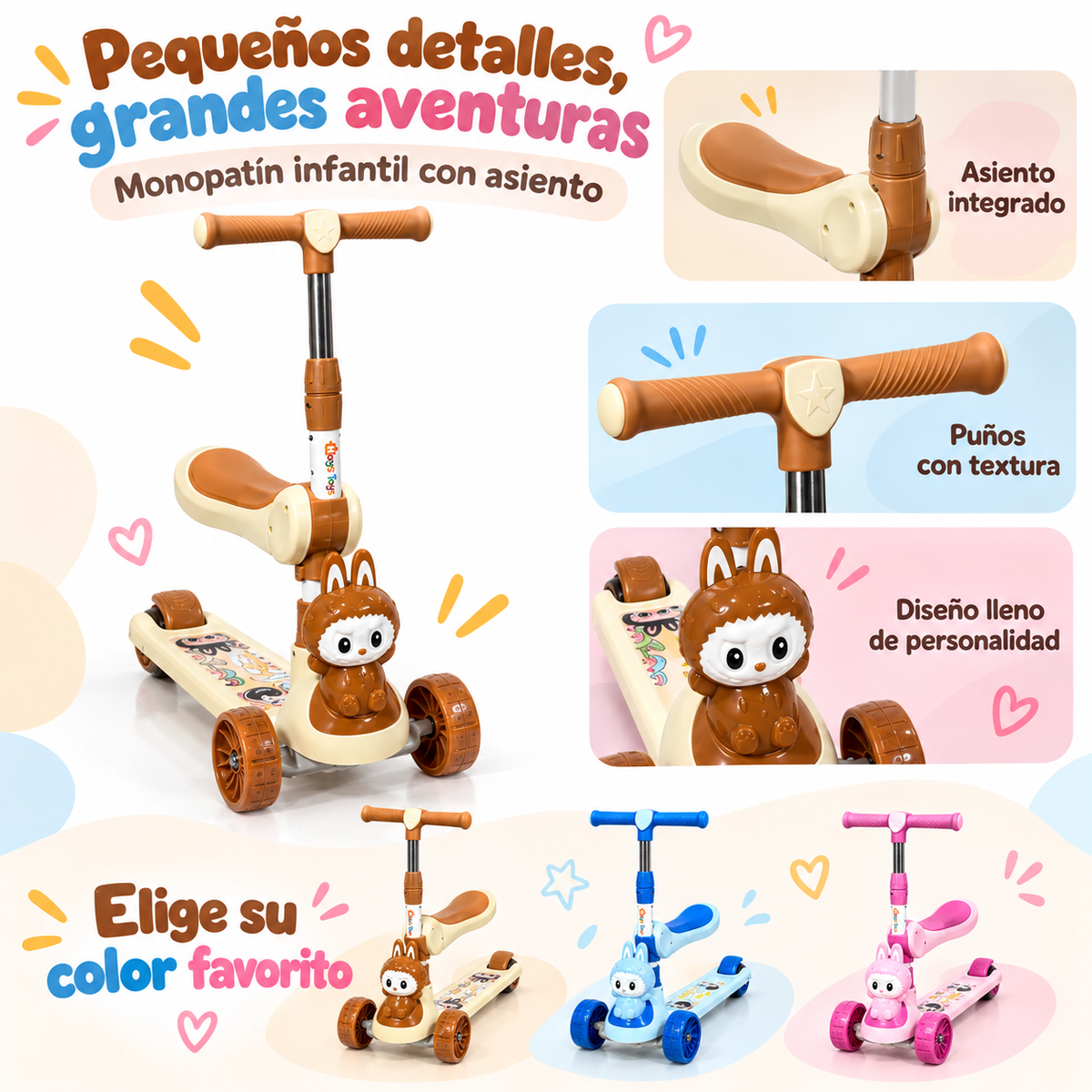 Monopatín infantil con asiento, luces y música – Diseño estilo Labubu