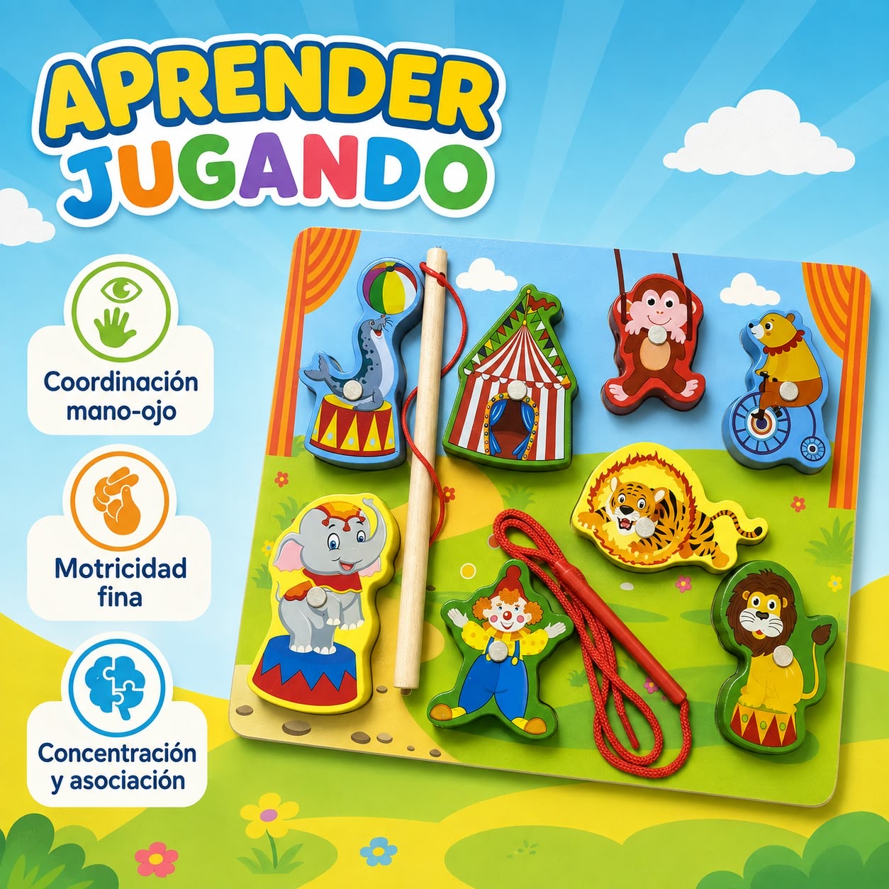 Juego de Pesca Magnética Infantil en Madera con Figuras y Caña – Rompecabezas Educativo de Motricidad Fina – Diseños Circo, Princesas o Espacio