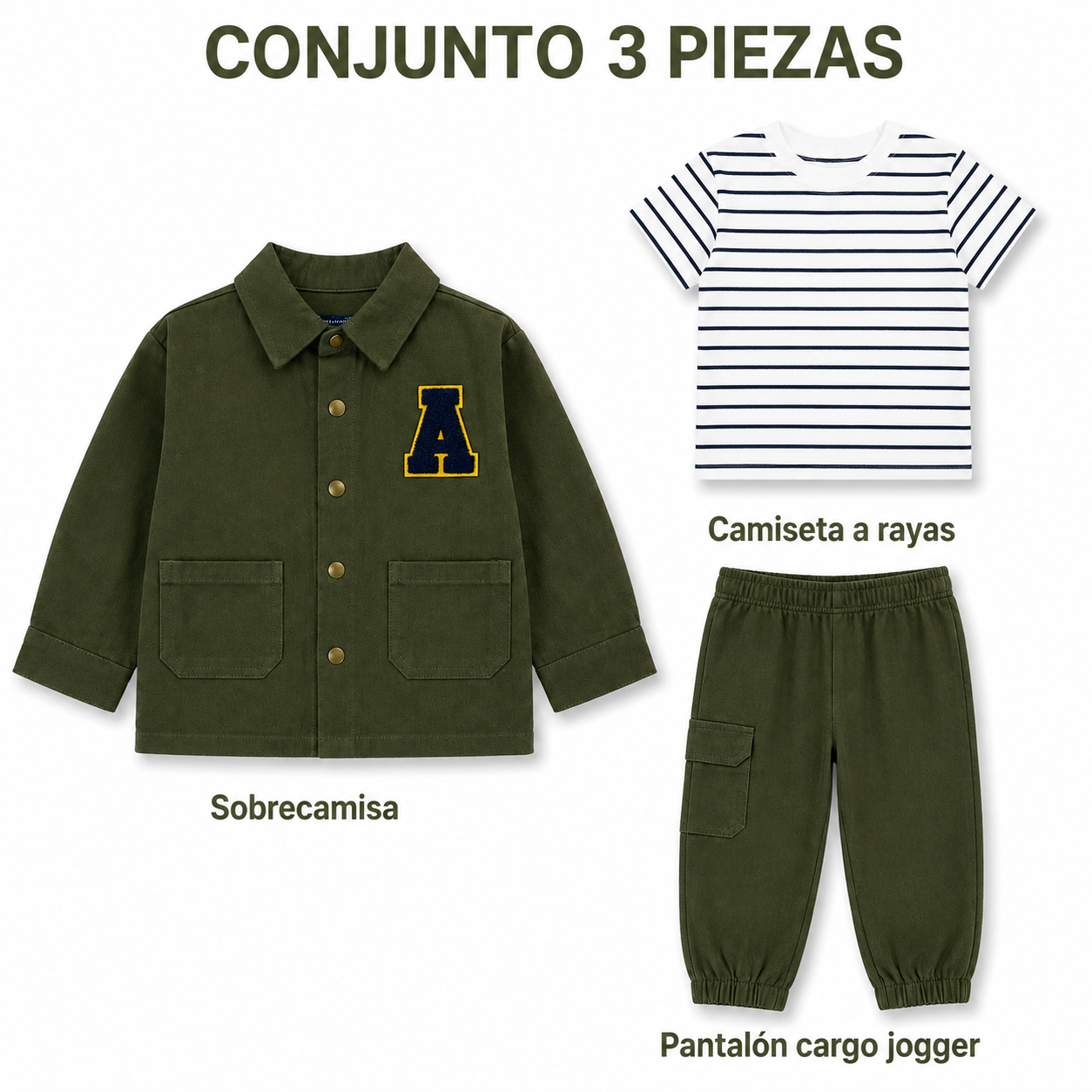 Conjunto Infantil para Niño de 3 Piezas Verde Militar – Sobrecamisa, Camiseta a Rayas y Pantalón Cargo Jogger